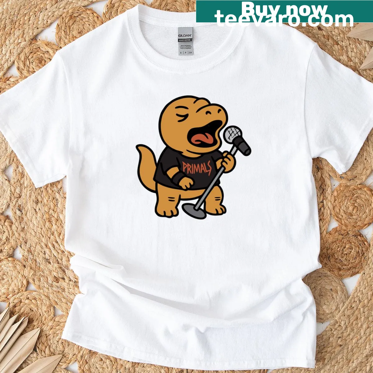 Cartoon dinosaur graphic on Rocker Rex T-shirt. — on a men's t-shirt