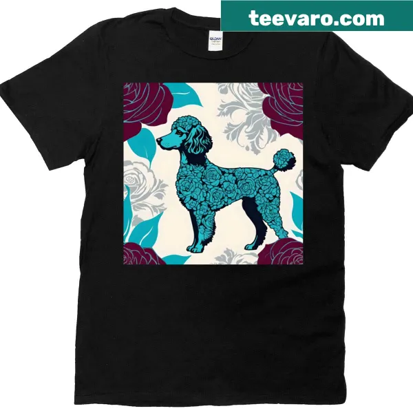 Illustrated turquoise poodle surrounded by burgundy roses on an oversized t-shirt