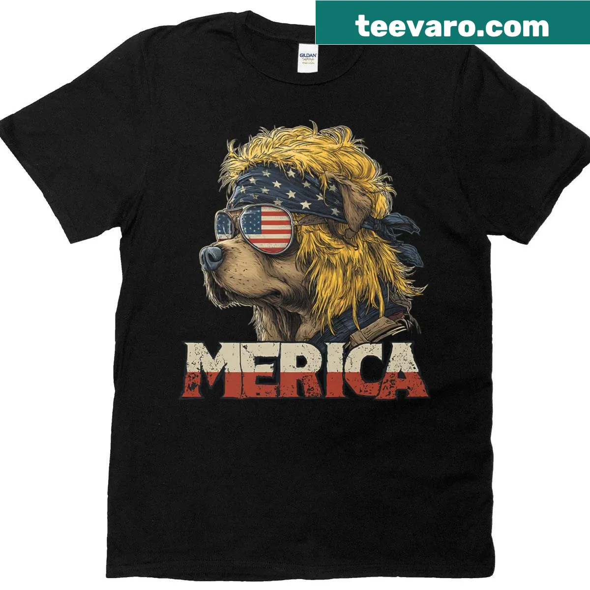 Rottweiler against an American flag on a patriotic t-shirt — on a men's t-shirt