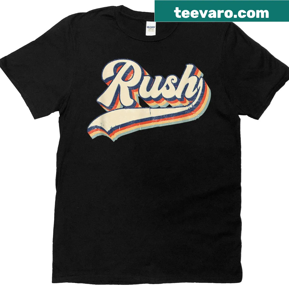 Vintage 'Rush' surname T-shirt in retro font style — on a men's t-shirt