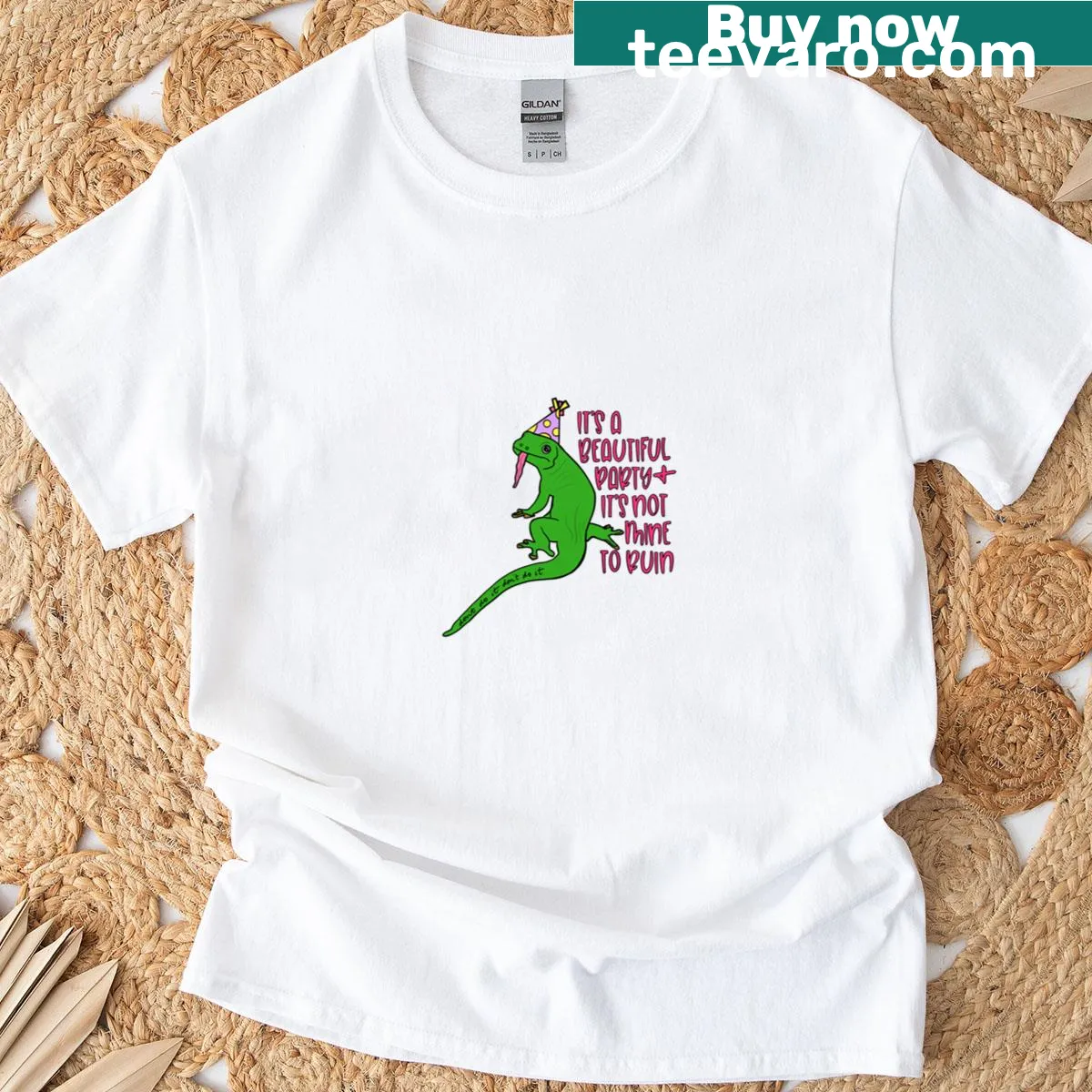 T-shirt with whimsical lizard and text from Samia's lyrics — on a men's t-shirt