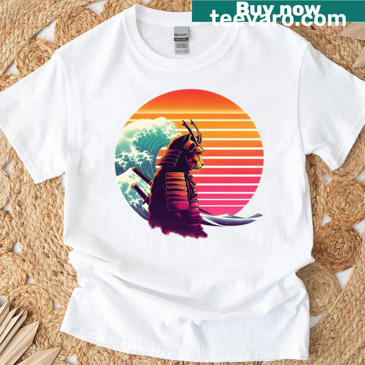 Samurai cat warrior graphic with sunset and ocean waves — on a men's t-shirt