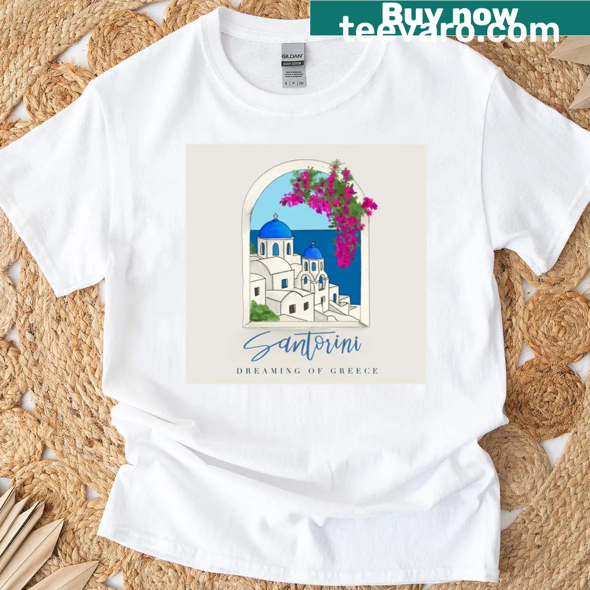 T-shirt featuring a postcard-style Aegean Sea window view — on a men's t-shirt