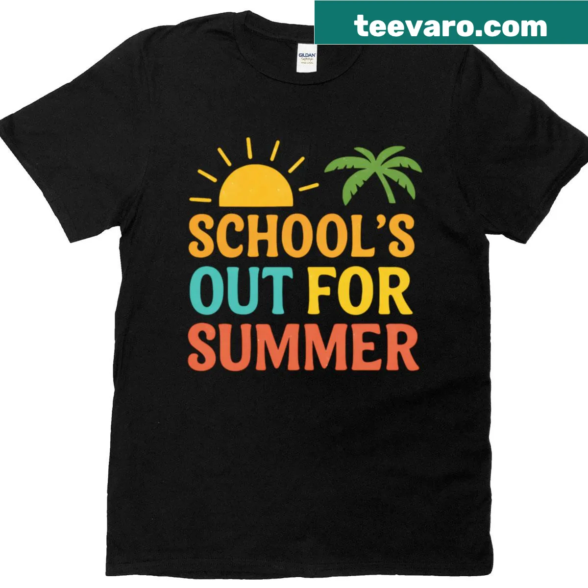 Tropical design T-shirt celebrating summer vacation and end of school — on a men's t-shirt