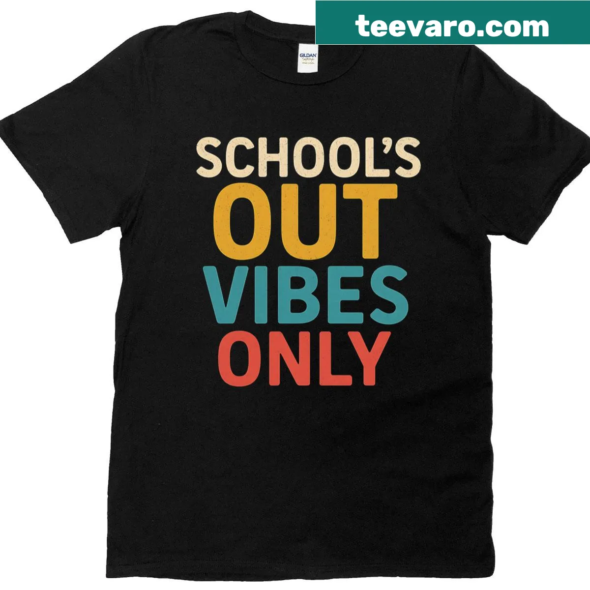 Retro-style T-shirt with 'Schools Out Vibes Only' text — on a men's t-shirt
