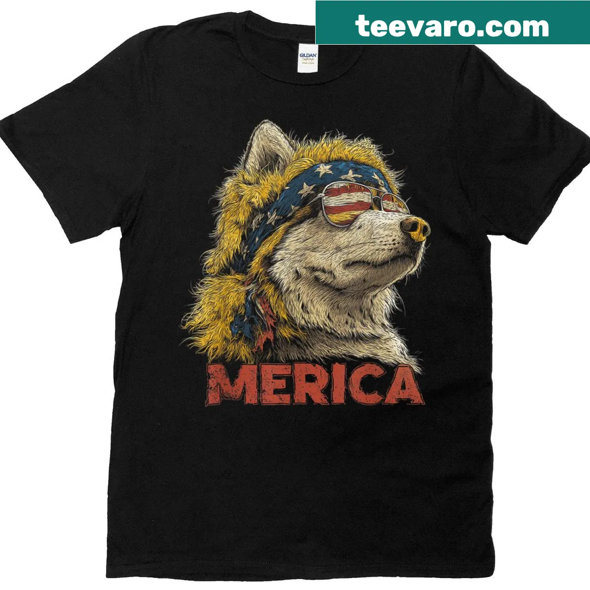 Patriotic T-shirt with a Siberian Husky and American flag — on a men's t-shirt