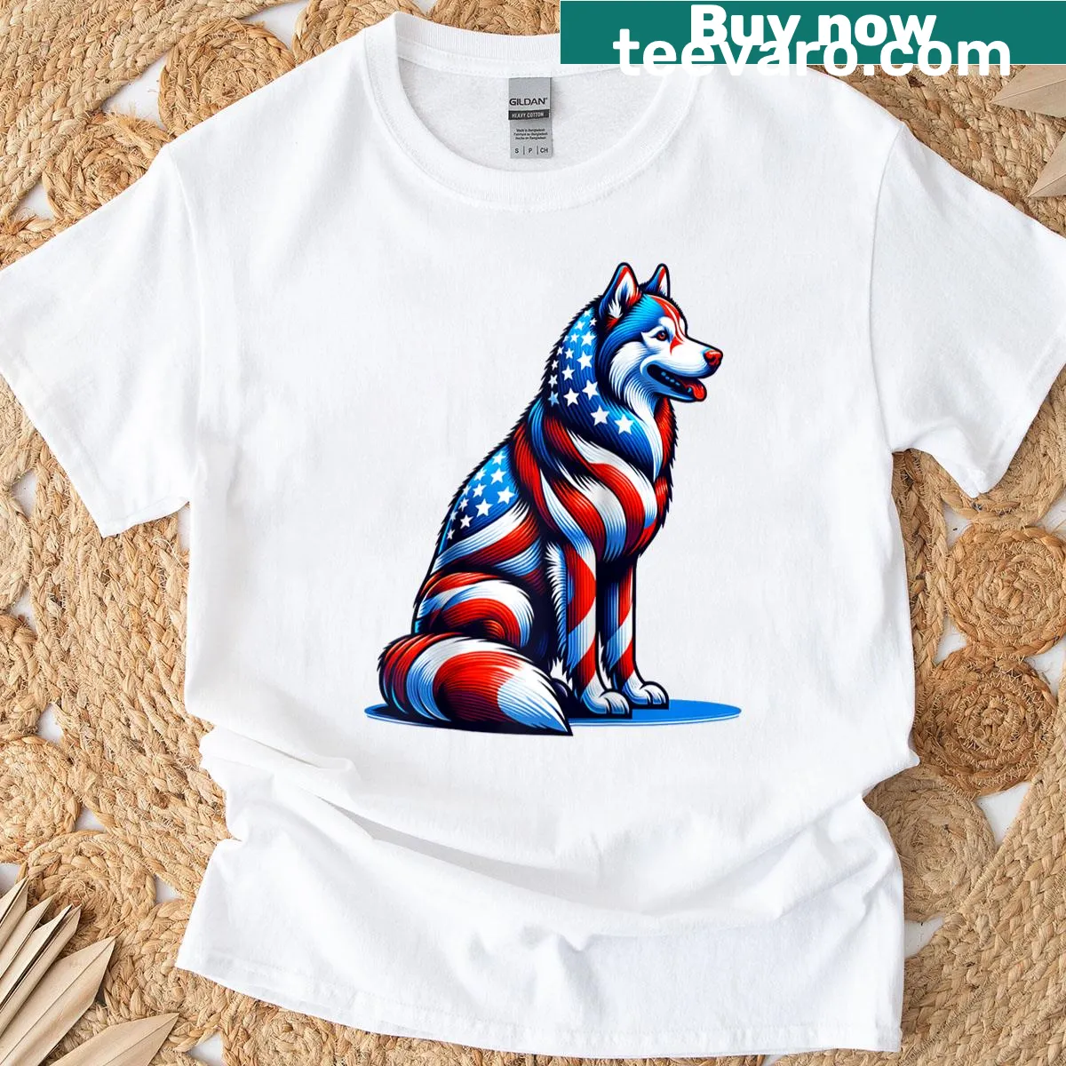 Patriotic t-shirt featuring Siberian Husky and USA flag — on a men's t-shirt