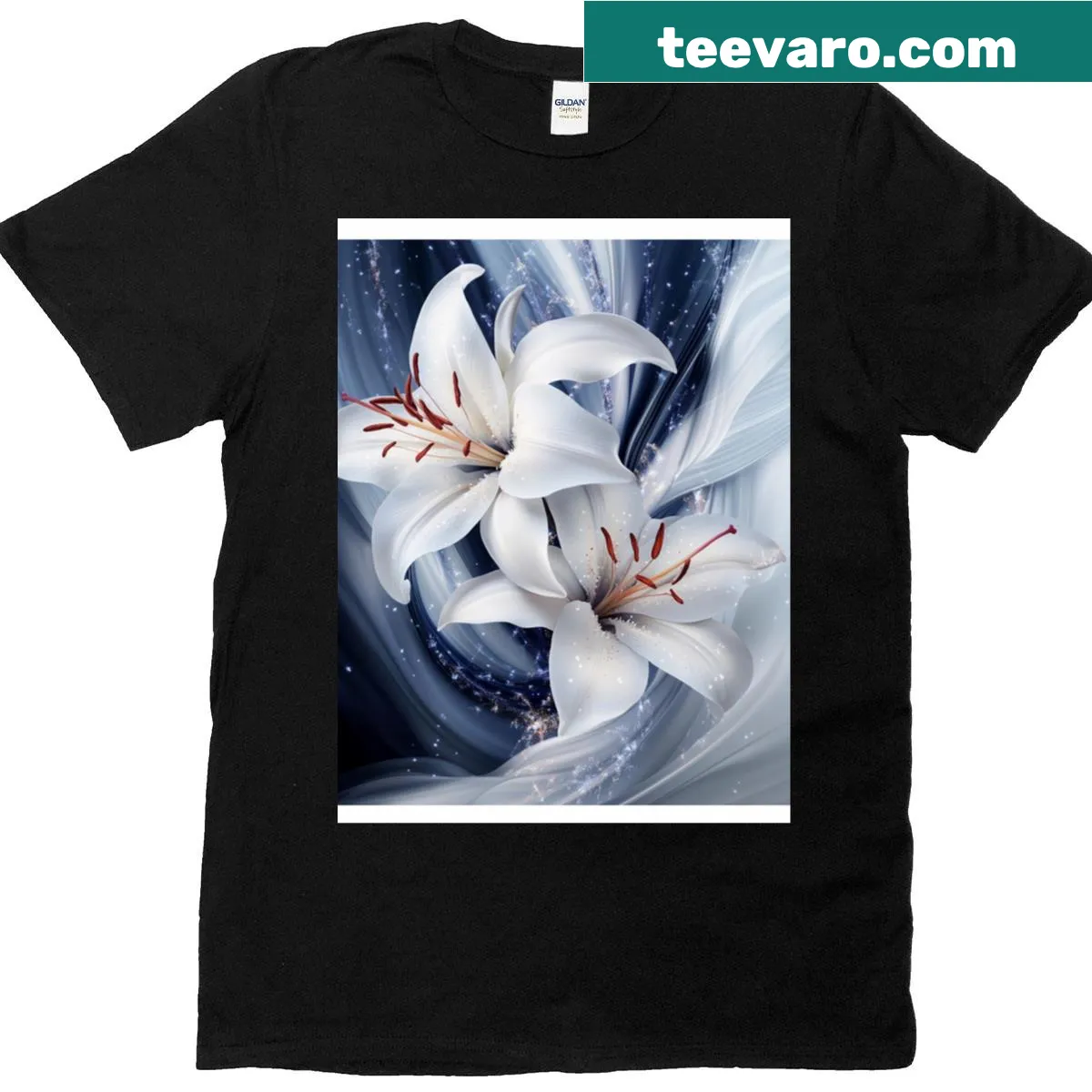 Minimalist line-art graphic of silken lilies and waves of light — on a men's t-shirt