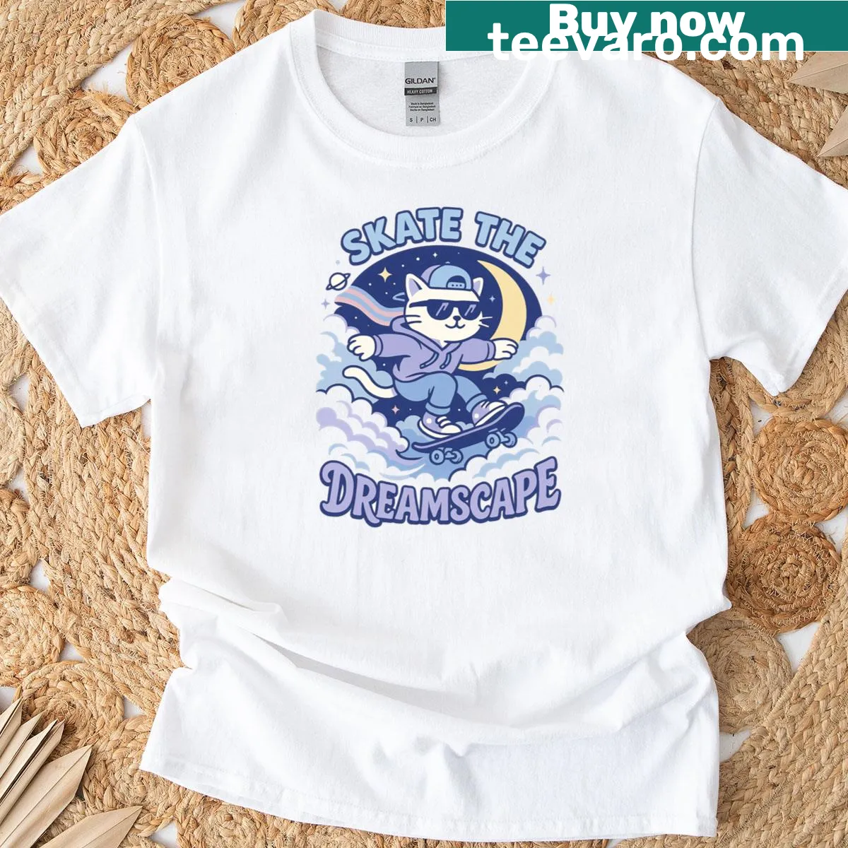 Cute T-shirt with retro cat skateboarding design — on a men's t-shirt