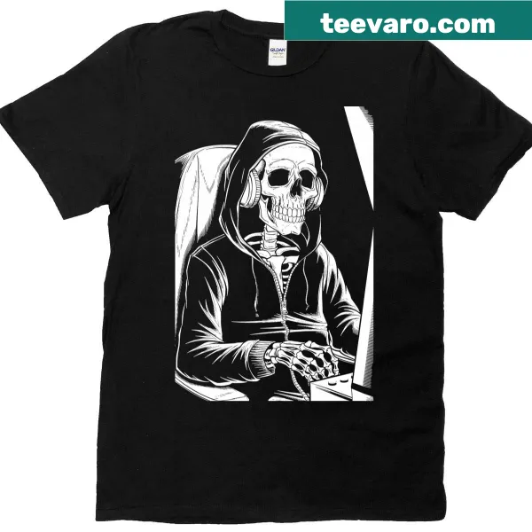 Playful skeleton gaming graphic on a T-shirt