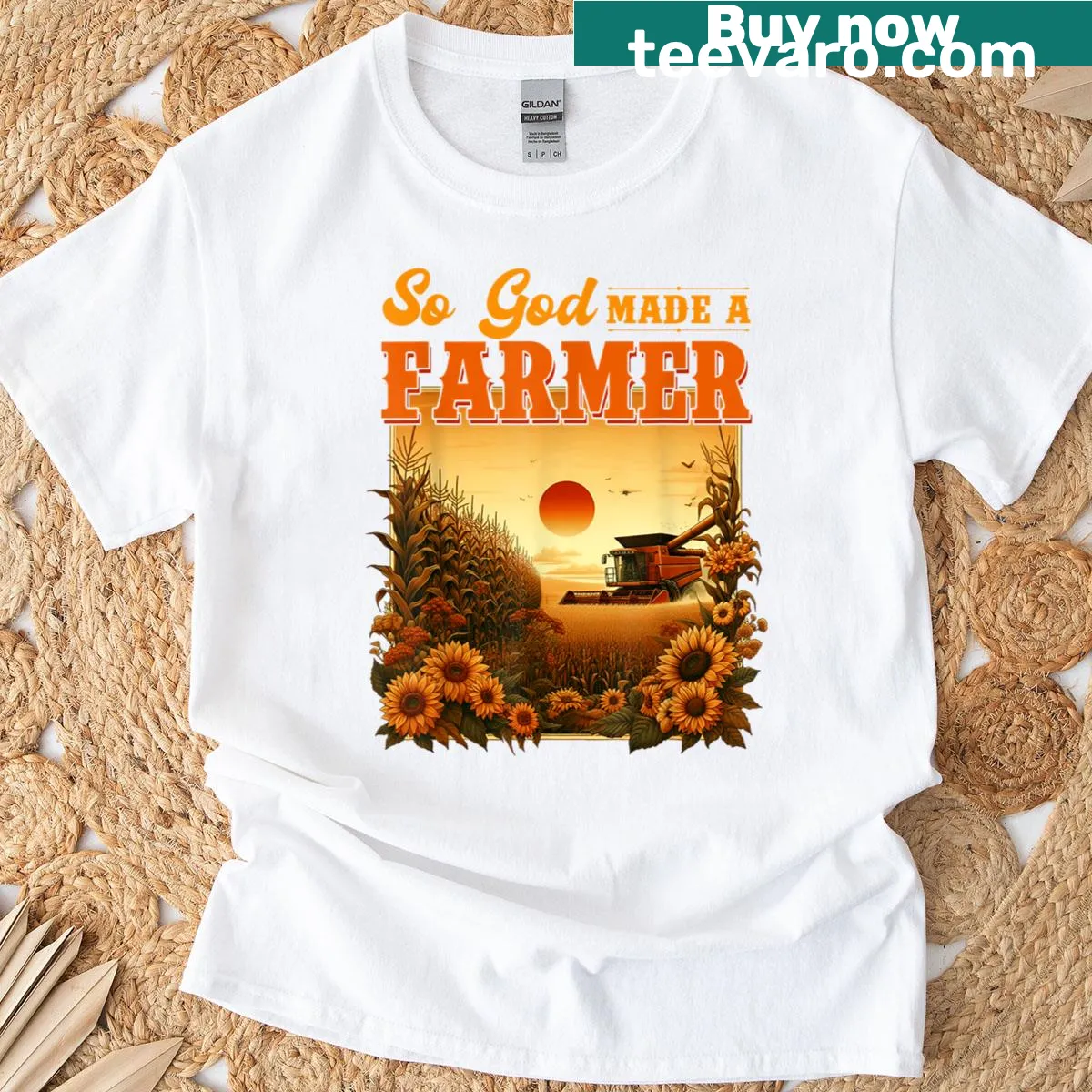 Vintage farmer T-shirt with sunflower and Christian message — on a men's t-shirt