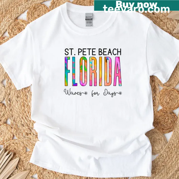 St. Pete Beach T-shirt with a graphic of waves and beach scene