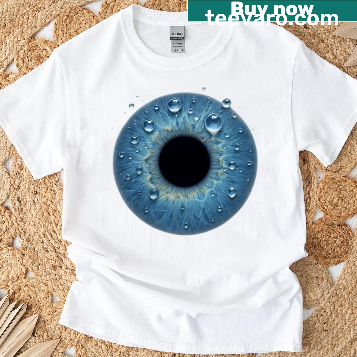 Surreal blue eye design with water droplets on T-shirt — on a men's t-shirt