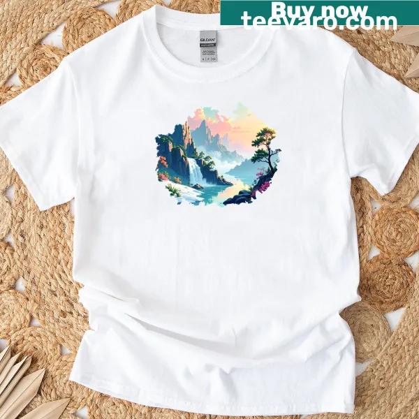 T-shirt featuring a waterfall illustration, capturing the beauty of nature.
