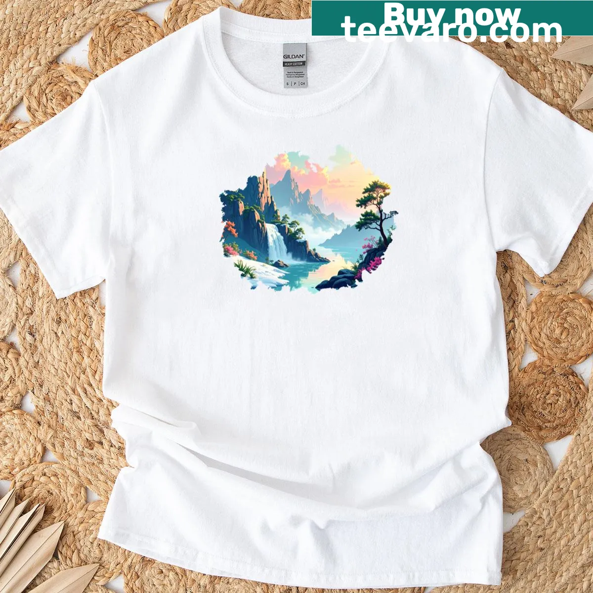 T-shirt featuring a waterfall illustration, capturing the beauty of nature. — on a men's t-shirt