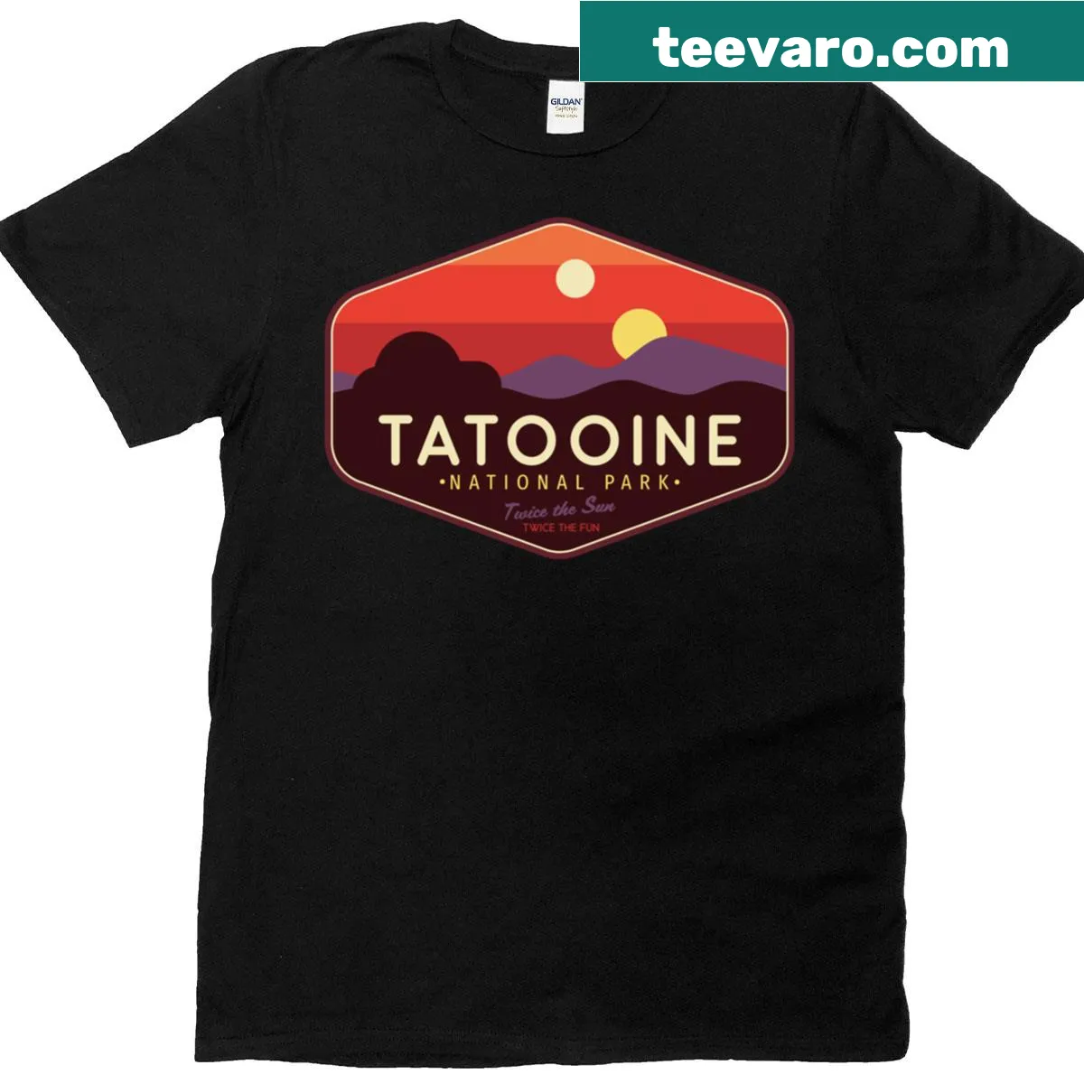 T-shirt featuring 'Tatooine National Park' with desert imagery and a playful slogan — on a men's t-shirt