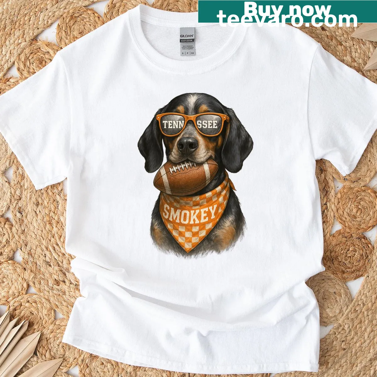 Illustration of a Coonhound and Bloodhound with orange smoke and a ball — on a men's t-shirt