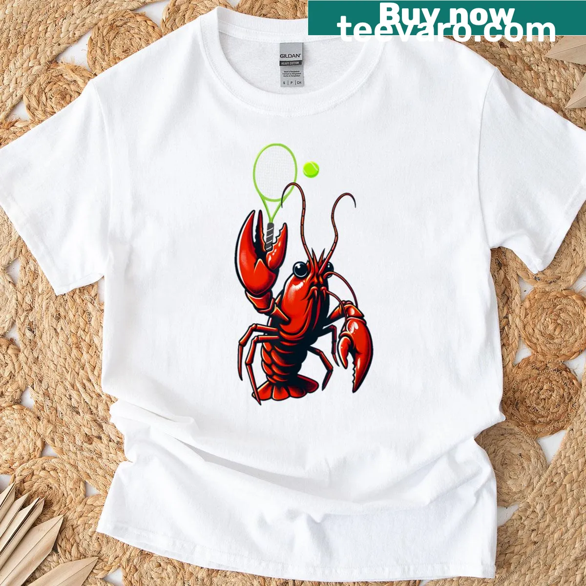 Funny T-shirt featuring a cartoon crayfish playing tennis, perfect for seafood lovers. — on a men's t-shirt