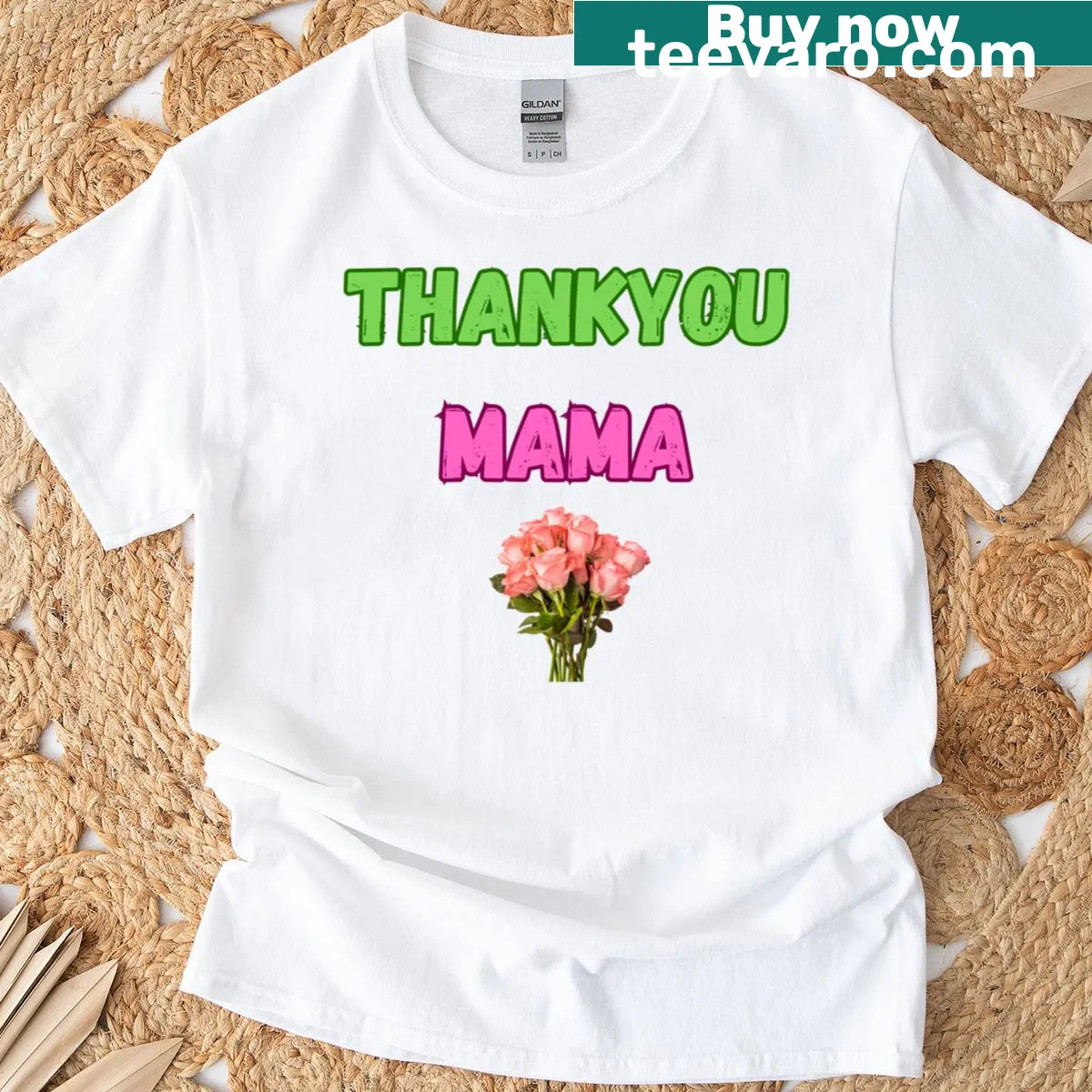 Hand-lettered T-shirt saying Thank you Mama — on a men's t-shirt