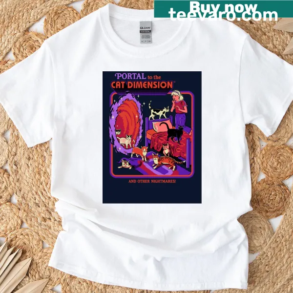 Whimsical T-shirt design featuring cute cats in a fantastical realm.