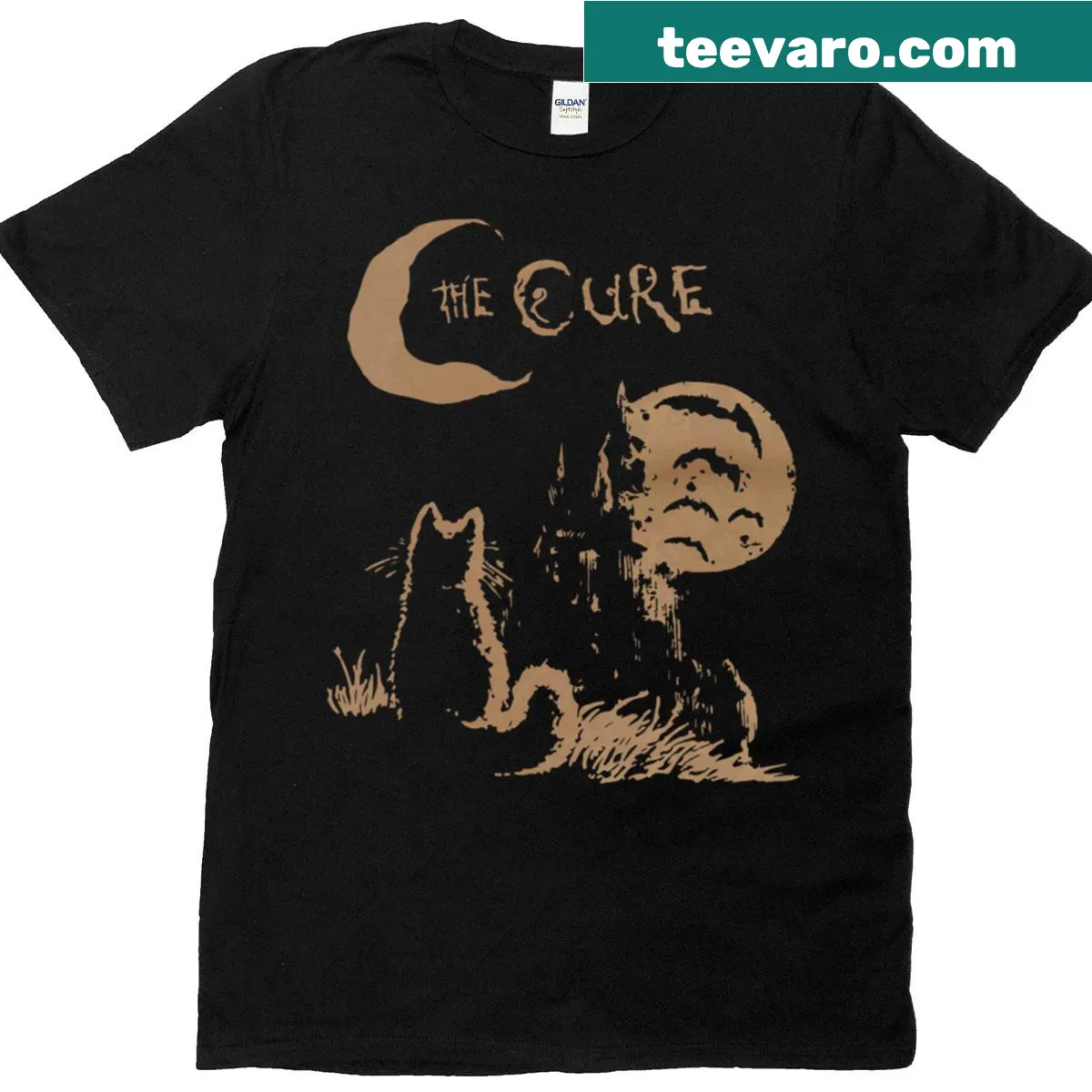 Whimsical cat sitting in front of a moon graphic on a 90s rock inspired t-shirt — on a men's t-shirt