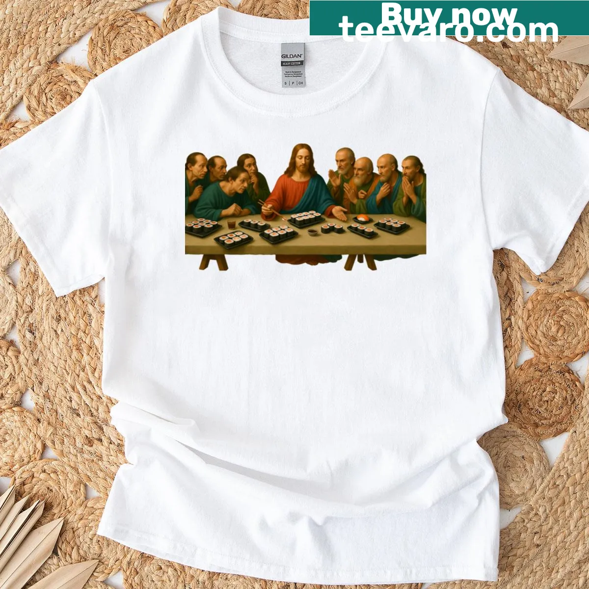 3D cartoon sushi graphic T-shirt with a renaissance theme — on a men's t-shirt