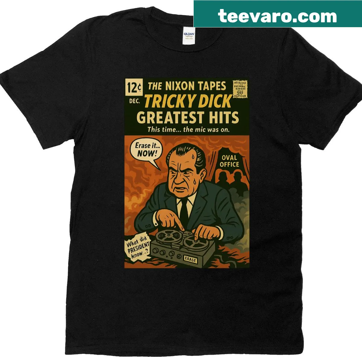 Oversized t-shirt featuring humorous Nixon Tapes graphics — on a men's t-shirt