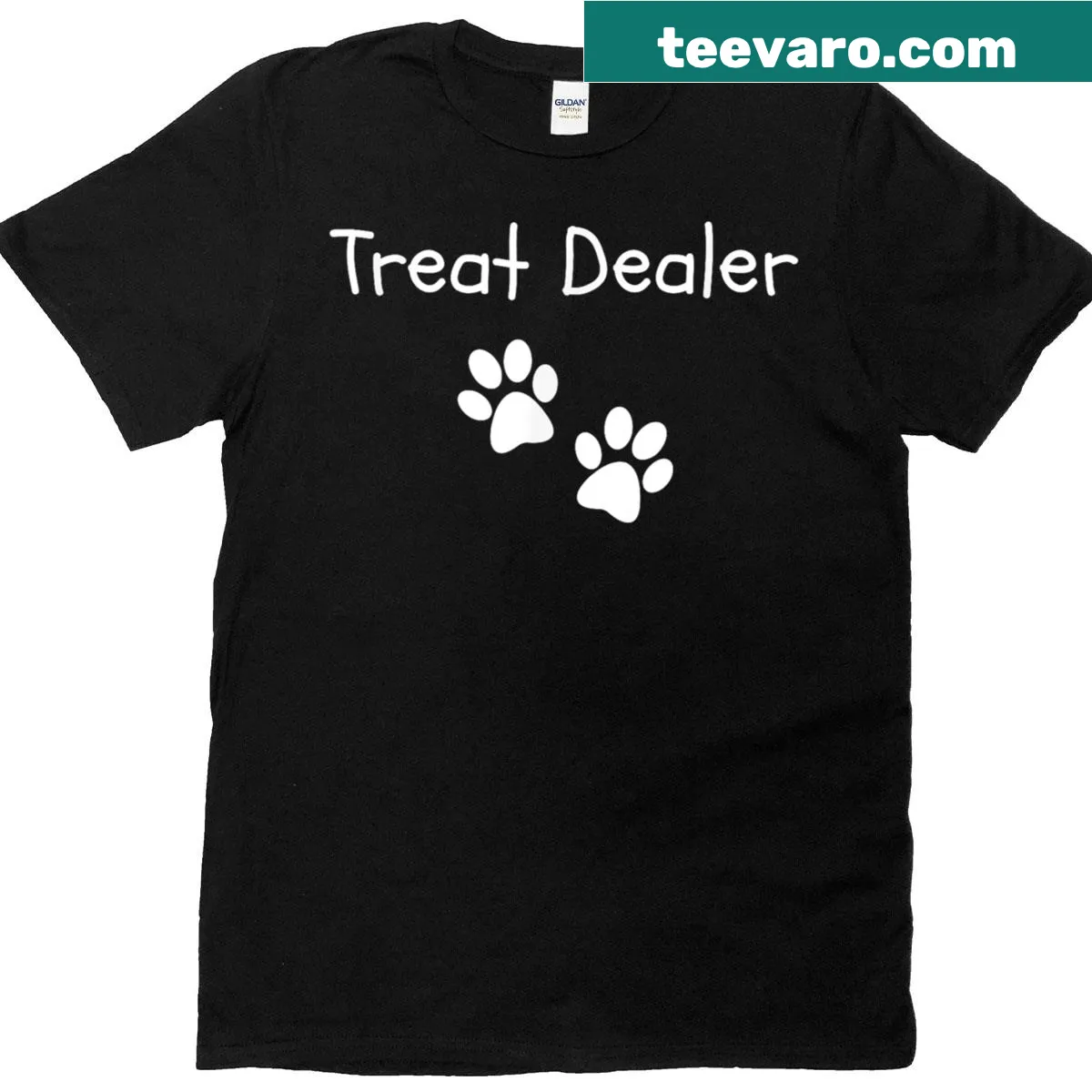 T-shirt with 'Treat Dealer' text and a dog paw print — on a men's t-shirt
