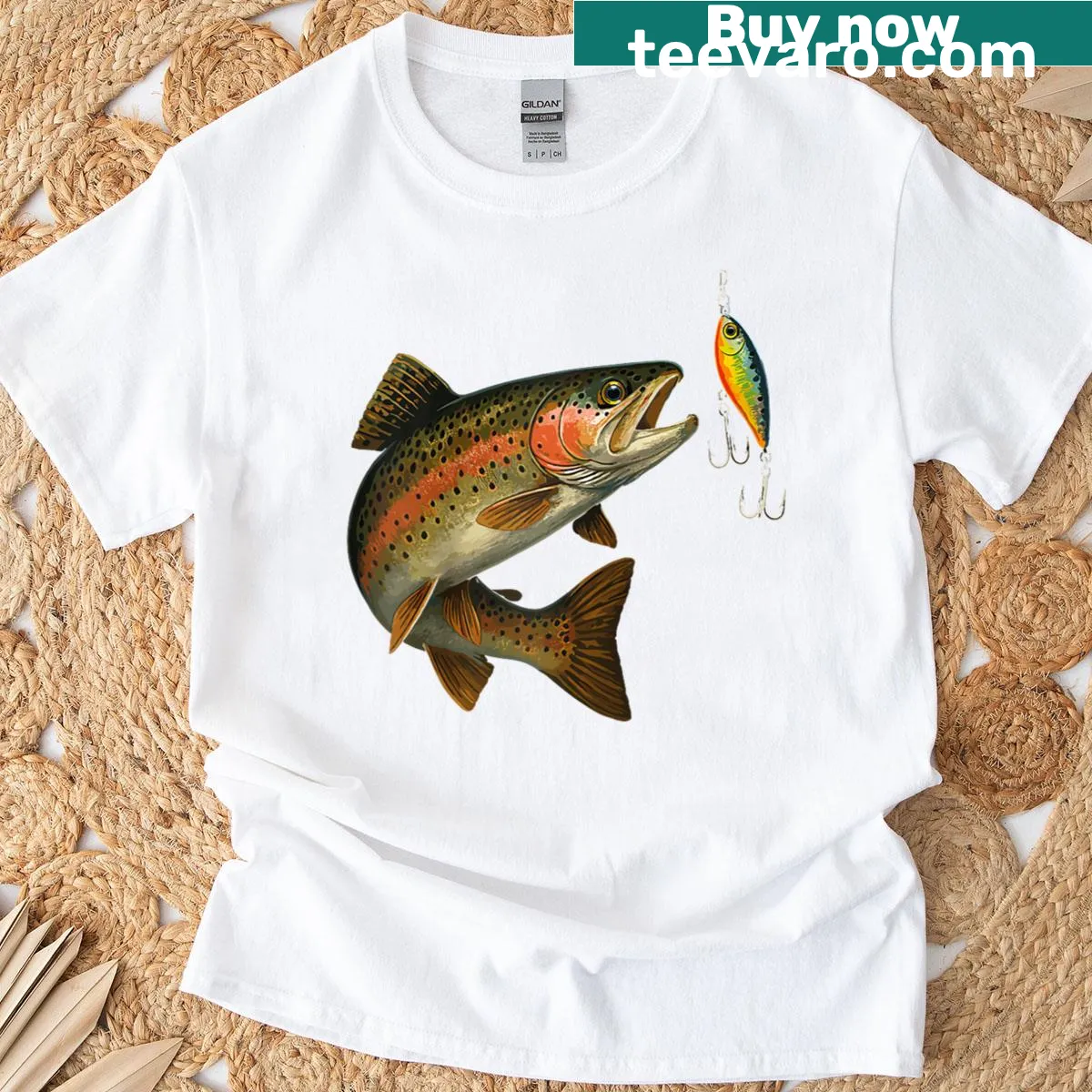 Cartoon fishing scene with trout and lure on t-shirt — on a men's t-shirt