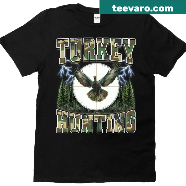 Vintage-style camouflage turkey hunting t-shirt with 90s bootleg aesthetic