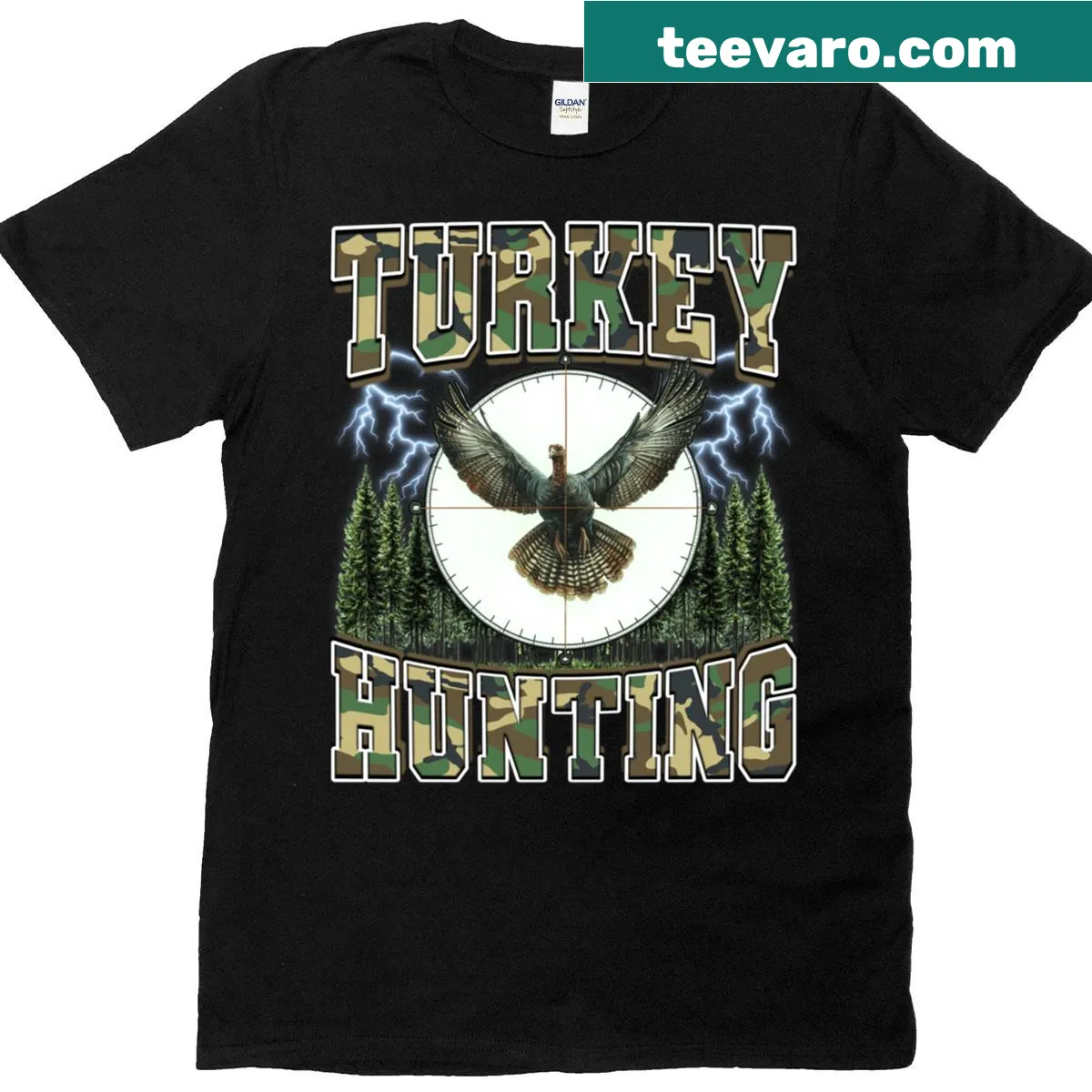 Vintage-style camouflage turkey hunting t-shirt with 90s bootleg aesthetic — on a men's t-shirt