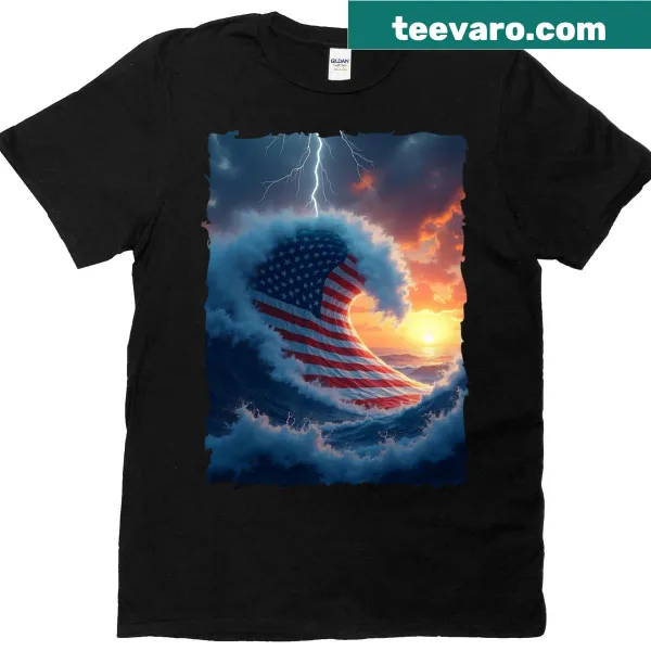 Patriotic T-shirt with USA flag and ocean wave design