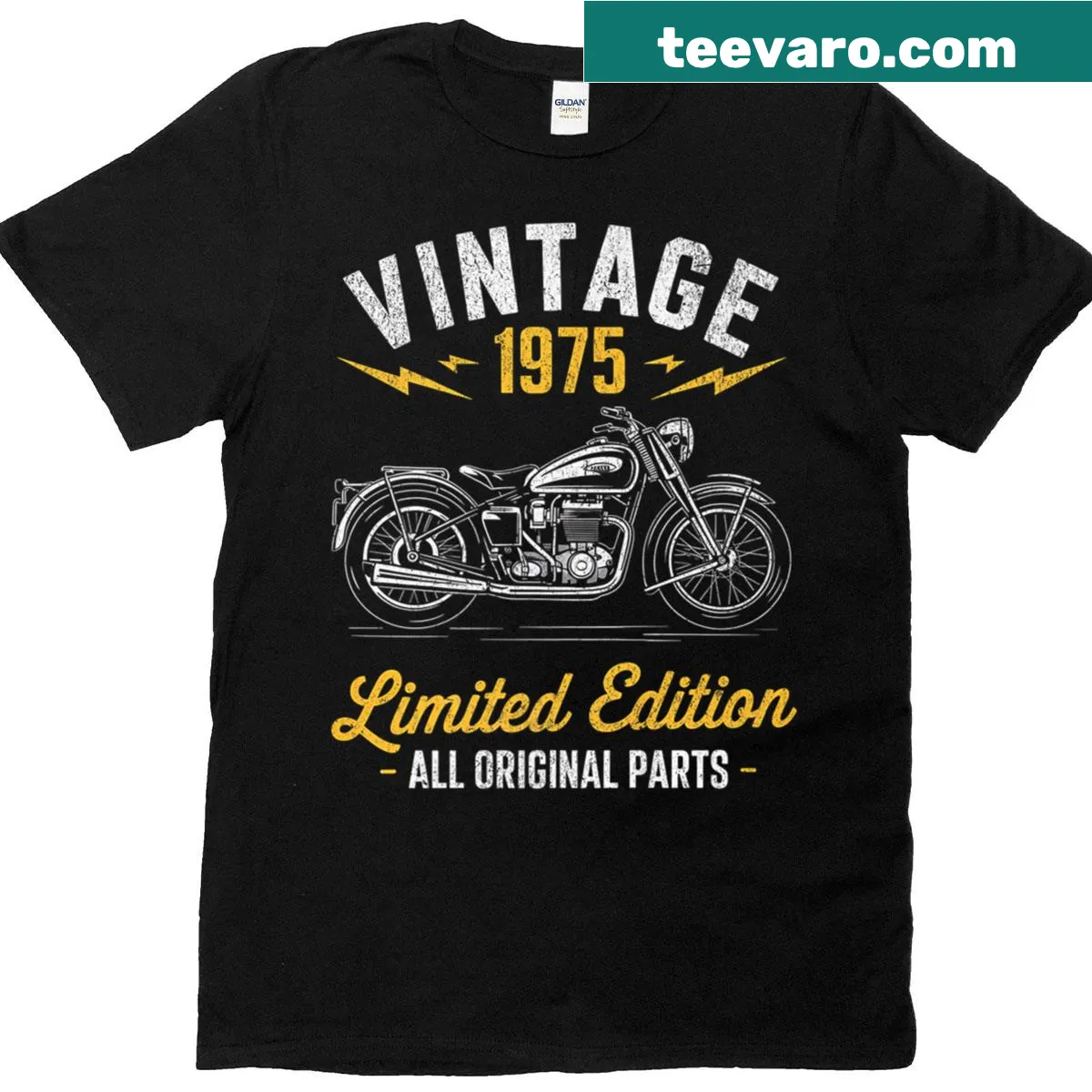 Vintage 1975 Biker T-shirt with distressed text for 50th birthday — on a men's t-shirt