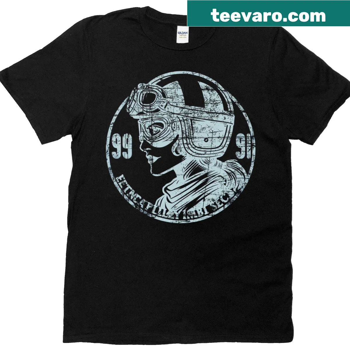 Vintage Female Biker badge T-shirt celebrating women riders — on a men's t-shirt