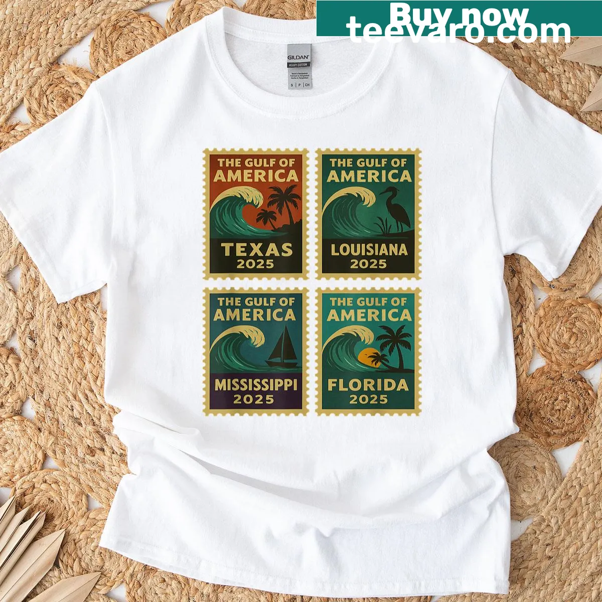 Retro travel-themed t-shirt featuring Gulf of US America 2025 design — on a men's t-shirt