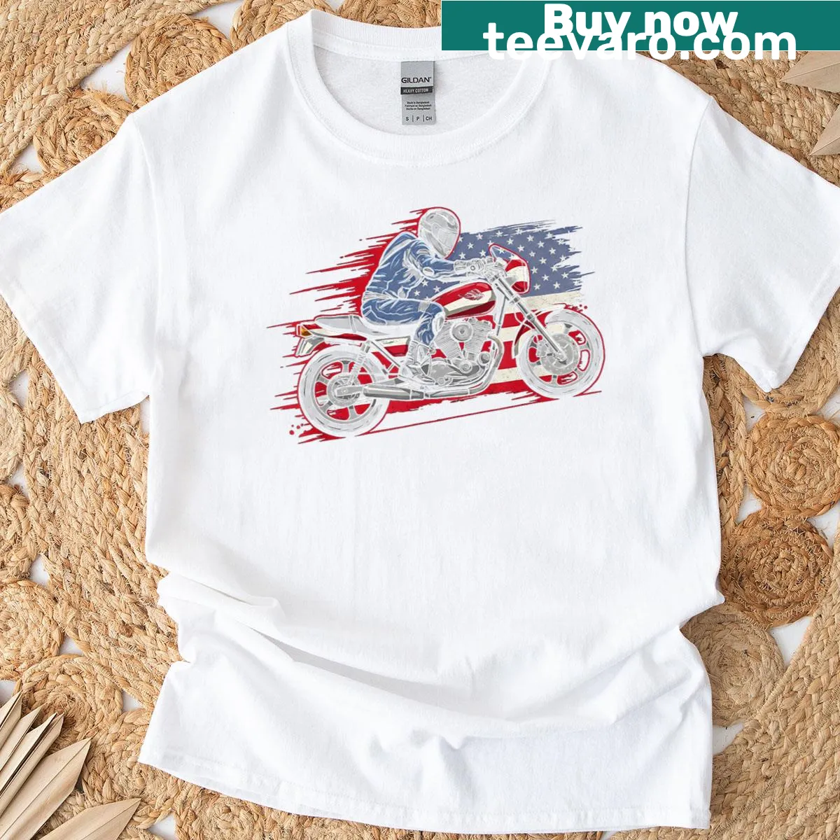 Vintage motorcycle T-shirt featuring USA flag design for bikers — on a men's t-shirt
