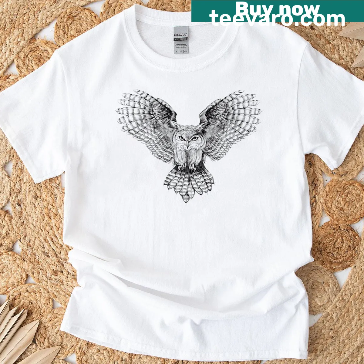 Line art owl design on a vintage T-shirt — on a men's t-shirt