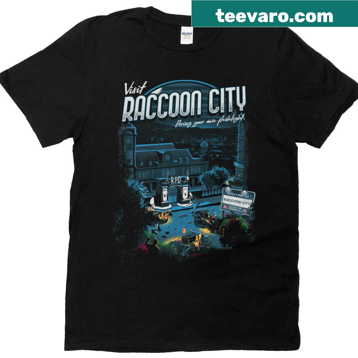 'Visit Raccoon City' T-shirt with detailed city illustration for gamers — on a men's t-shirt