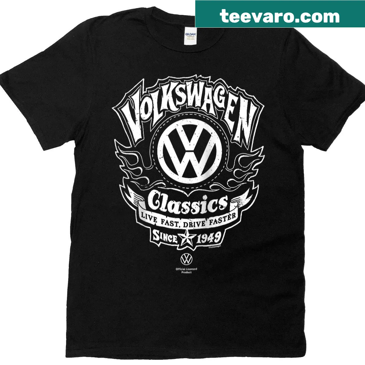 Flaming VW logo T-shirt for automotive enthusiasts and bikers — on a men's t-shirt