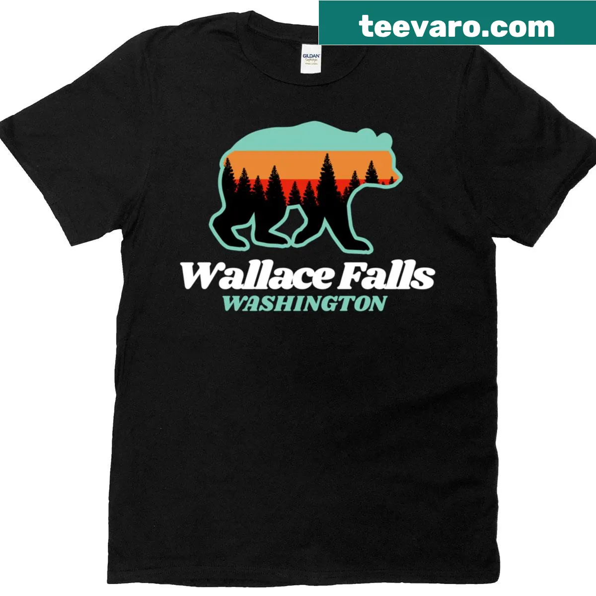Fishing-themed T-shirt featuring a bear at Wallace Falls — on a men's t-shirt