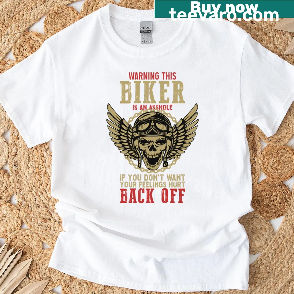 Edgy biker t-shirt with a skull graphic and warning text — on a men's t-shirt