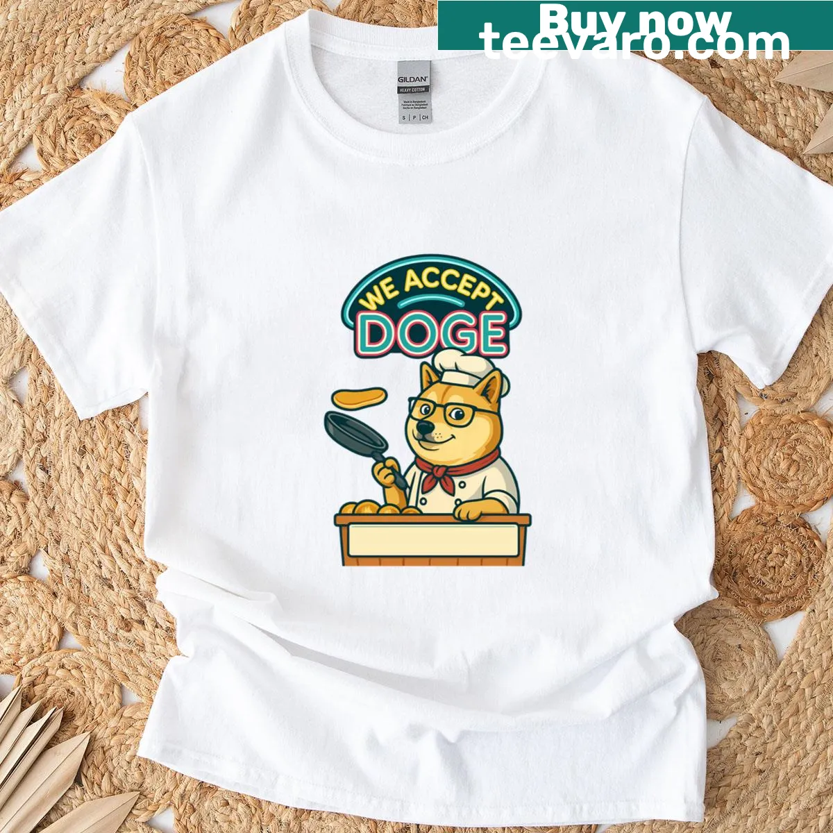 Funny Doge chef design t-shirt with crypto payment theme — on a men's t-shirt