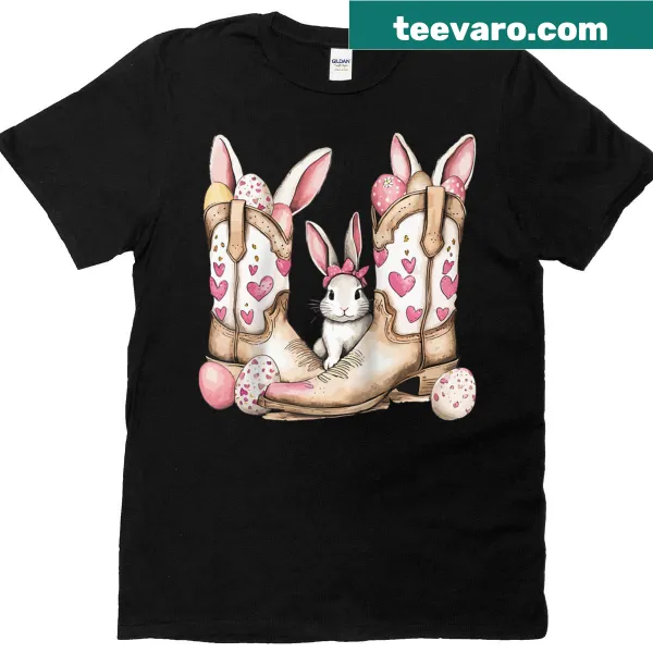 Easter T-shirt featuring cowboy boots, bunny, and eggs