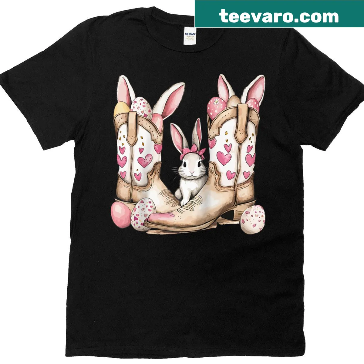 Easter T-shirt featuring cowboy boots, bunny, and eggs — on a men's t-shirt