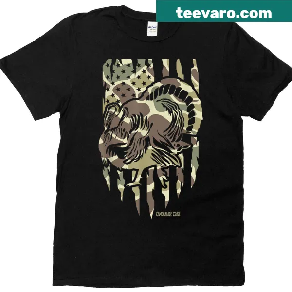 Camouflage t-shirt featuring a wild turkey and American flag design for hunters.