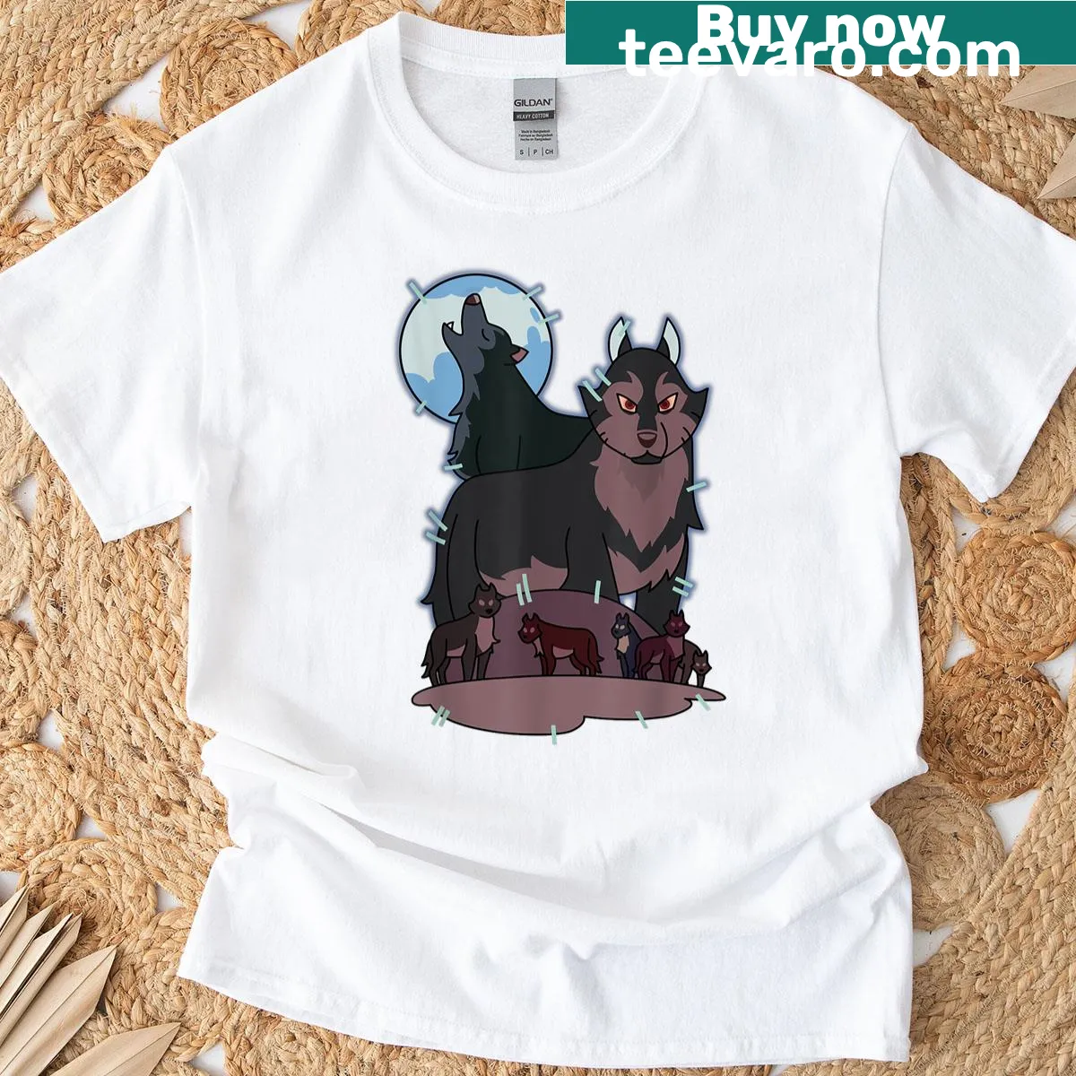 T-shirt featuring a wolf howling at the moon design — on a men's t-shirt