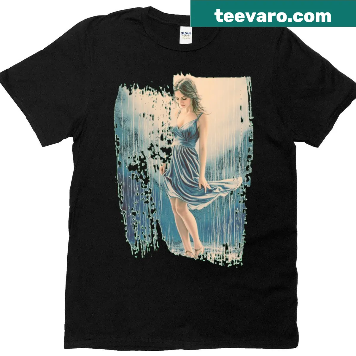 Illustration of a woman standing in the rain on oversized T-shirt — on a men's t-shirt