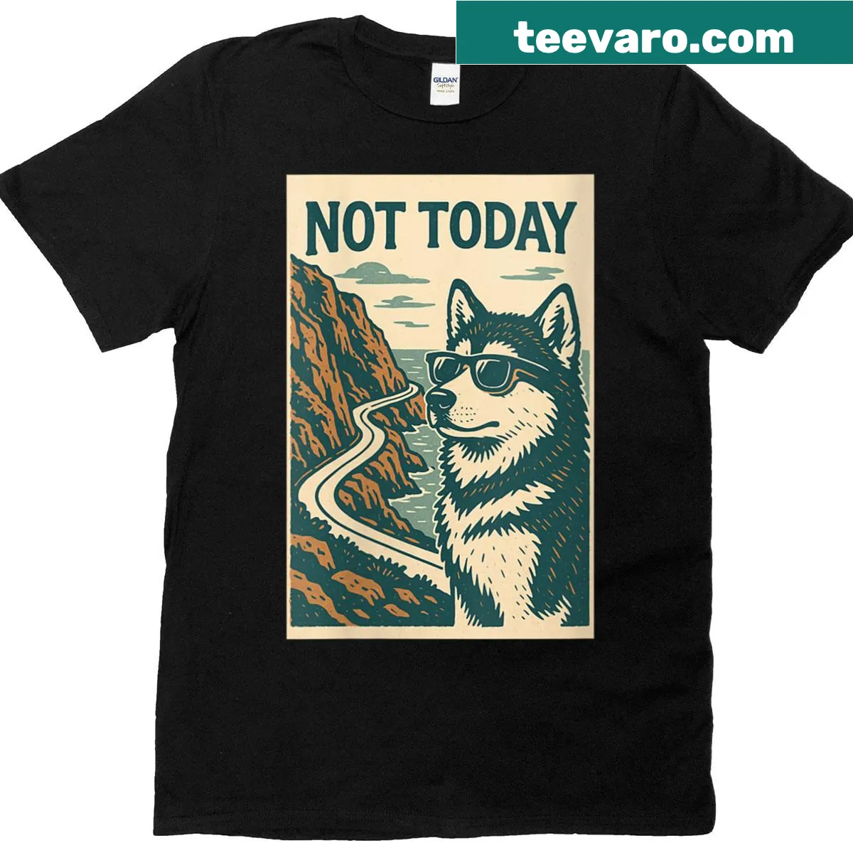T-shirt featuring Alaskan Malamute and adventure-themed graphic — on a men's t-shirt