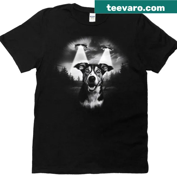 Funny dog UFO abduction graphic T-shirt.