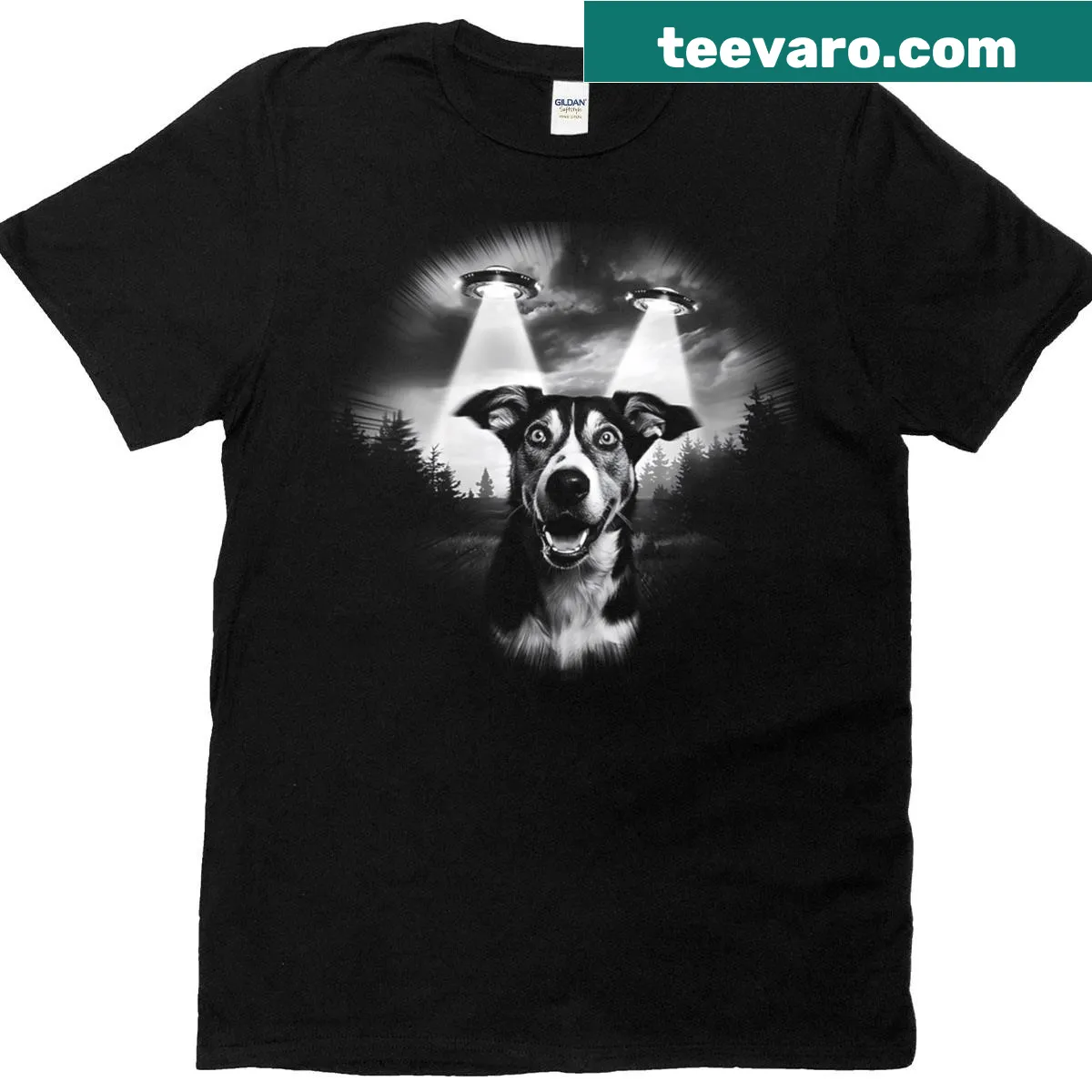Funny dog UFO abduction graphic T-shirt. — on a men's t-shirt